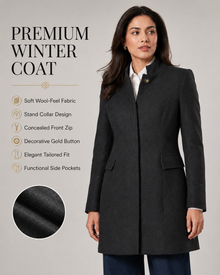 Women's charcoal black winter coat with stand collar concealed zip gold button and side pockets