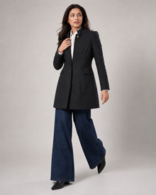 Women's charcoal black stand collar winter coat full outfit view