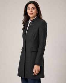Women's charcoal black stand collar winter coat side view