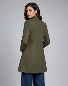Women's olive green tailored stand collar winter coat back view