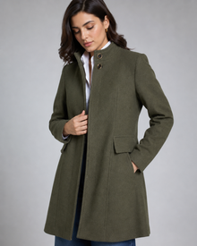 Women's olive green stand collar winter coat close front view