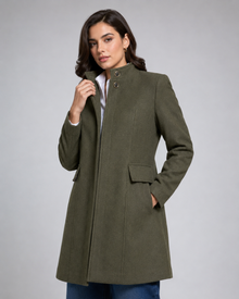 Women's olive green winter coat stand collar and gold button detail