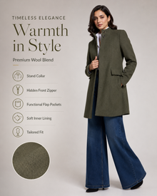 Women's olive green stand collar winter coat features and fabric detail