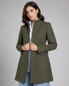 Women's olive green stand collar winter coat front open view