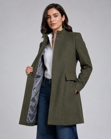 Women's olive green stand collar winter coat open front and inner lining view