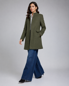 Women's olive green stand collar winter coat full length walking look